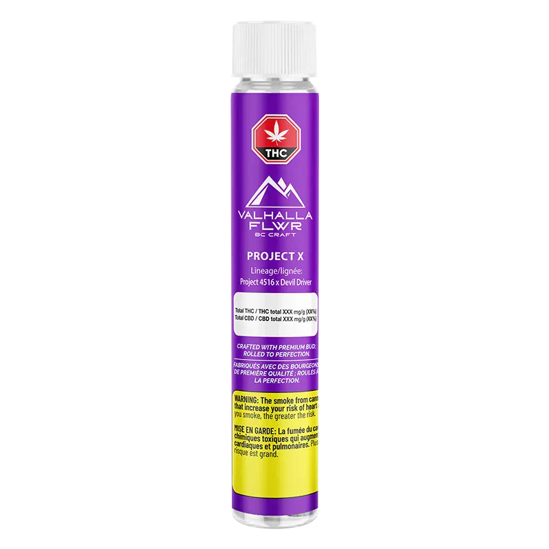 Straight-on view of a tall purple tube labelled "Project X PR 3 x 0.5 g" with Valhalla Flwr branding and a THC symbol against a white background