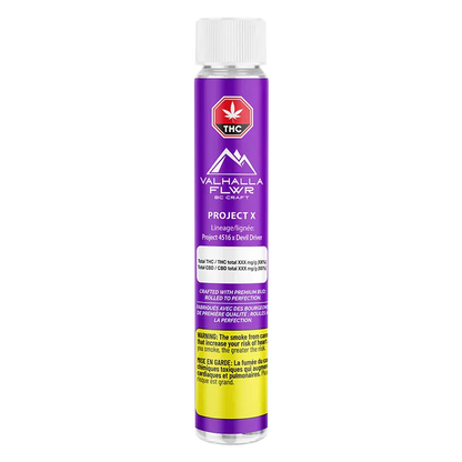 Straight-on view of a tall purple tube labelled "Project X PR 3 x 0.5 g" with Valhalla Flwr branding and a THC symbol against a white background