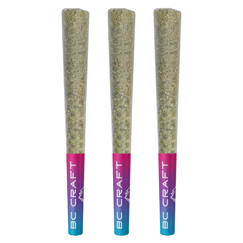 Three pre-rolled joints standing upright, evenly spaced on a white background, labeled Project X PR 3 x 0.5 g with pink-to-blue gradient tips.