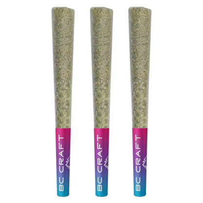 Three pre-rolled joints standing upright, evenly spaced on a white background, labeled Project X PR 3 x 0.5 g with pink-to-blue gradient tips.