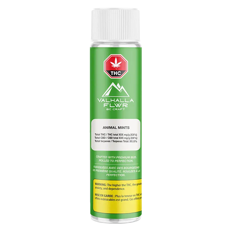Center-front view of a green tube labeled Animal Mints PR 10 x 0.5 g with white cap and white informational panels against a white background