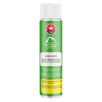 Center-front view of a green tube labeled Animal Mints PR 10 x 0.5 g with white cap and white informational panels against a white background