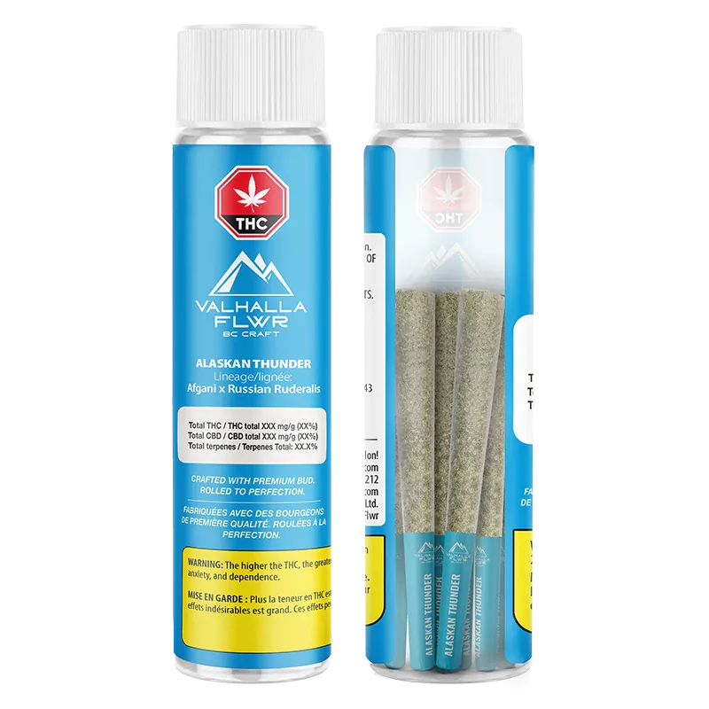 Front-facing image of two clear tubes showing Valhalla Flwr Alaskan Thunder PR 3 x 0.5 g blue-labeled pre-roll packaging and visible joints.