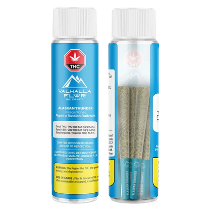Front-facing image of two clear tubes showing Valhalla Flwr Alaskan Thunder PR 3 x 0.5 g blue-labeled pre-roll packaging and visible joints.