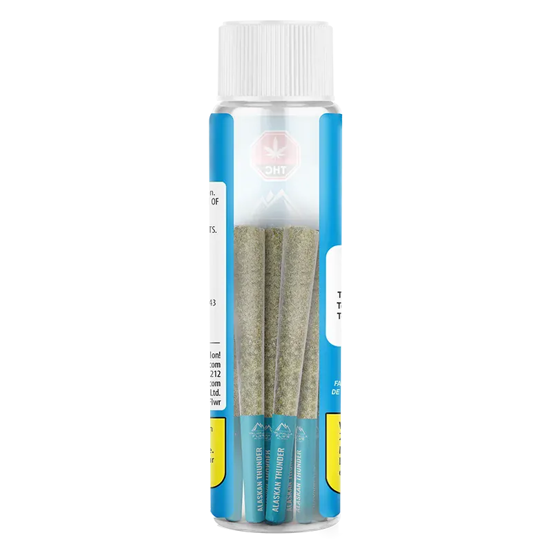 Clear front view of a plastic tube holding three pre-rolls labeled Alaskan Thunder PR 3 x 0.5 g with a blue and white label.