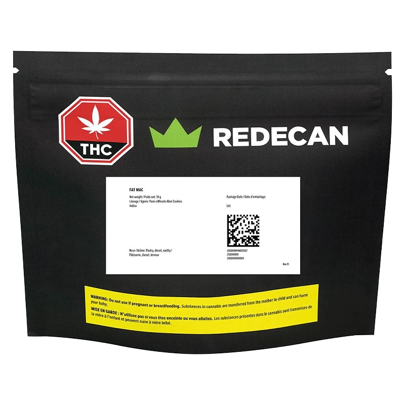 Front-facing shot of the black pouch labeled "FAT MAC" by REDECAN with a white product label, red THC octagon, green crown logo, and yellow warning strip.