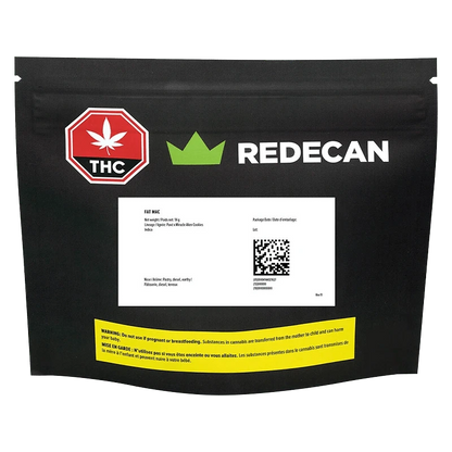 Front-facing shot of the black pouch labeled "FAT MAC" by REDECAN with a white product label, red THC octagon, green crown logo, and yellow warning strip.