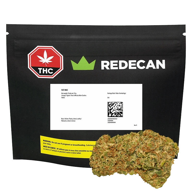 Front-facing black pouch labeled "REDECAN" with a white product label and a visible 14 g "FAT MAC" bud shown at lower right.
