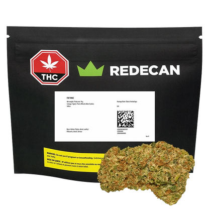 Front-facing black pouch labeled "REDECAN" with a white product label and a visible 14 g "FAT MAC" bud shown at lower right.
