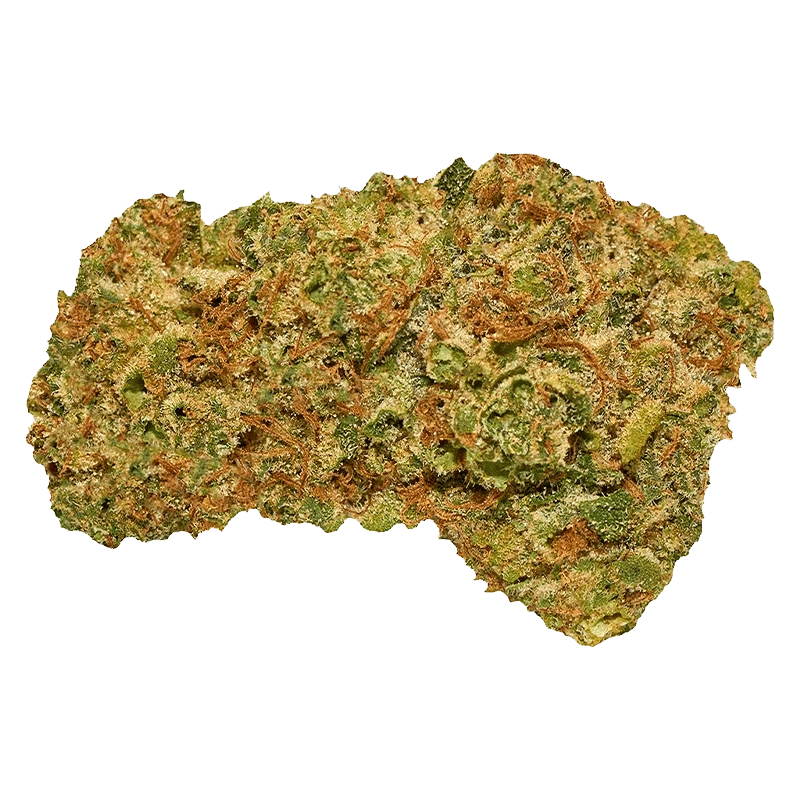 Close-up of a single FAT MAC cannabis bud showing green and orange hairs and frosty trichomes against a neutral background
