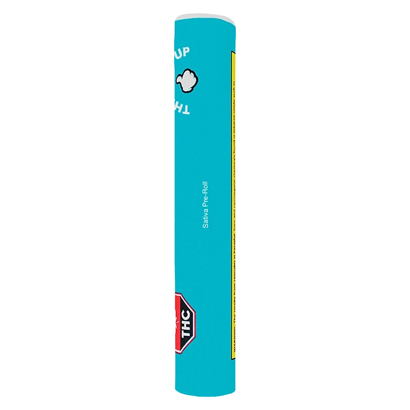 Tall vertical product shot of a turquoise tube labeled Sativa PR 1 x 2 g with a small white cloud graphic and a red THC badge.