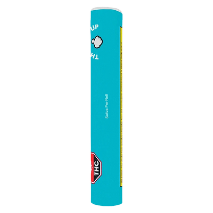 Tall vertical product shot of a turquoise tube labeled Sativa PR 1 x 2 g with a small white cloud graphic and a red THC badge.