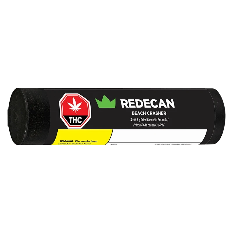 Horizontal studio shot of a black tube labeled "RedeCan Beach Crasher PR 3 x 0.5 g" with a red THC symbol and yellow warning panel.