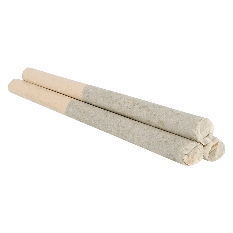 Three rolled beige joints photographed from a low angled side view, labeled Beach Crasher PR 3 x 0.5 g.