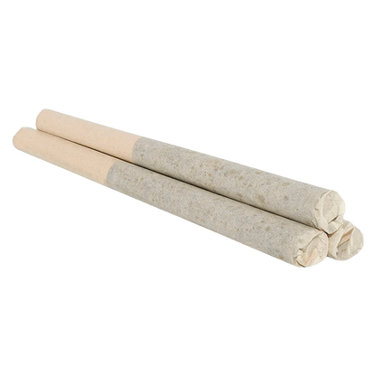Three rolled beige joints photographed from a low angled side view, labeled Beach Crasher PR 3 x 0.5 g.