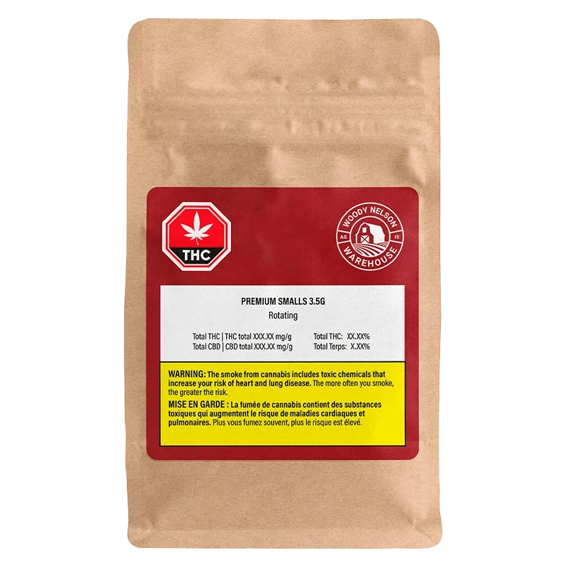 Front-facing kraft pouch with a red label reading "Premium Smalls" 3.5g and THC icons on a plain white background.