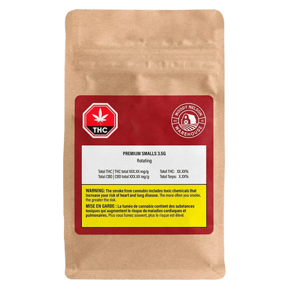 Front-facing kraft pouch with a red label reading "Premium Smalls" 3.5g and THC icons on a plain white background.