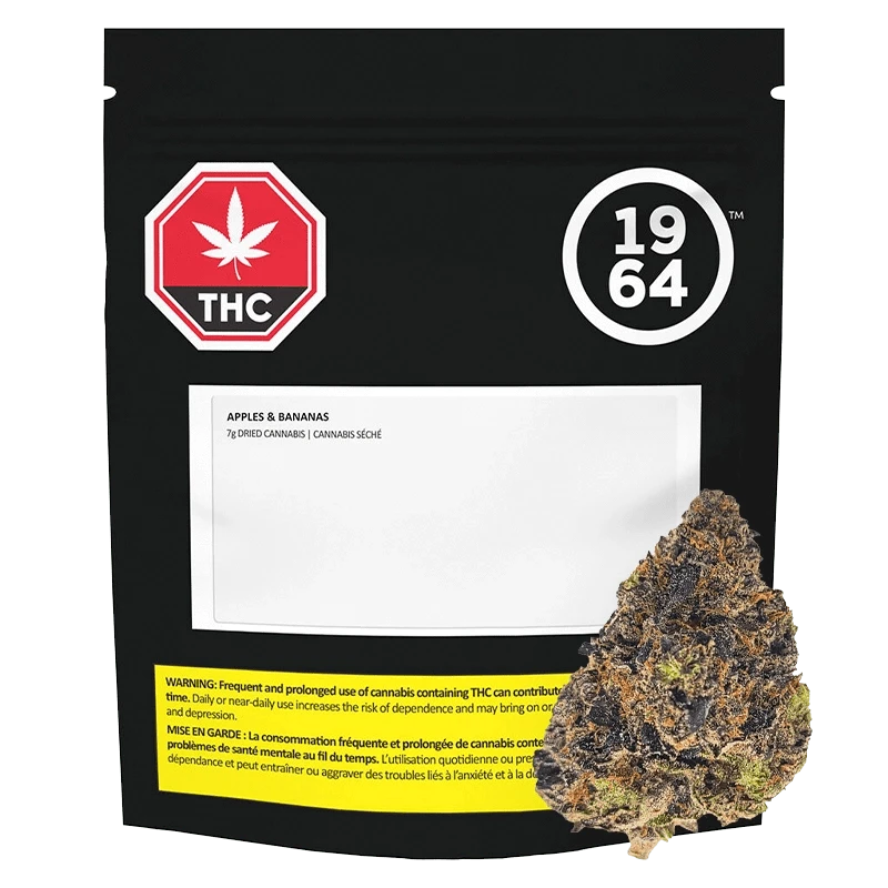 Front-facing pouch labeled Apples & Bananas with black background, white 1964 logo and a close-up cannabis bud at lower right.