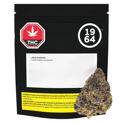 Front-facing pouch labeled Apples & Bananas with black background, white 1964 logo and a close-up cannabis bud at lower right.