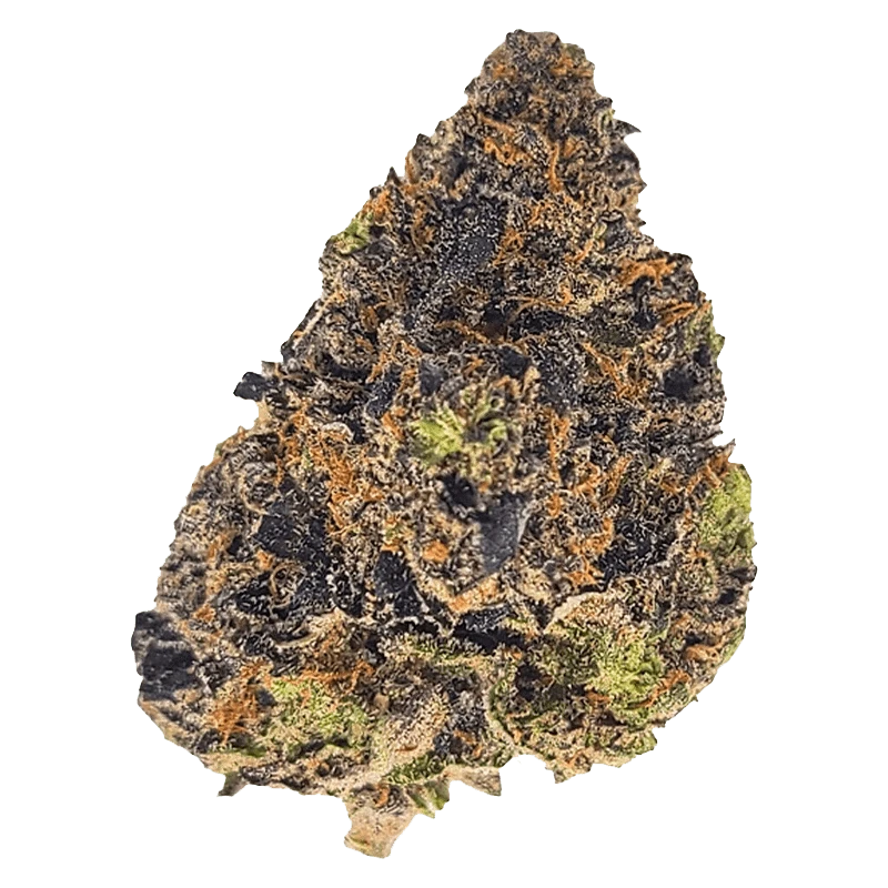Close-up top-down view of a single dense bud labeled Apples & Bananas, showing dark purple leaves, bright orange pistils, and frosty trichomes.