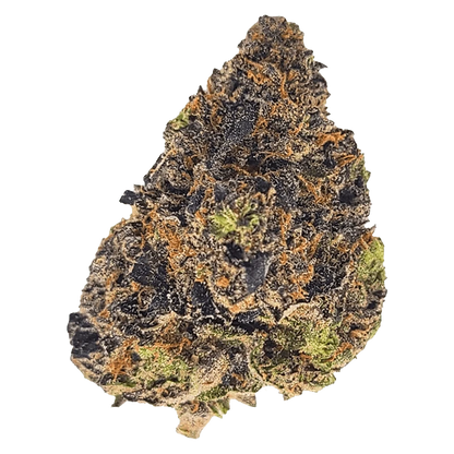 Close-up top-down view of a single dense bud labeled Apples & Bananas, showing dark purple leaves, bright orange pistils, and frosty trichomes.