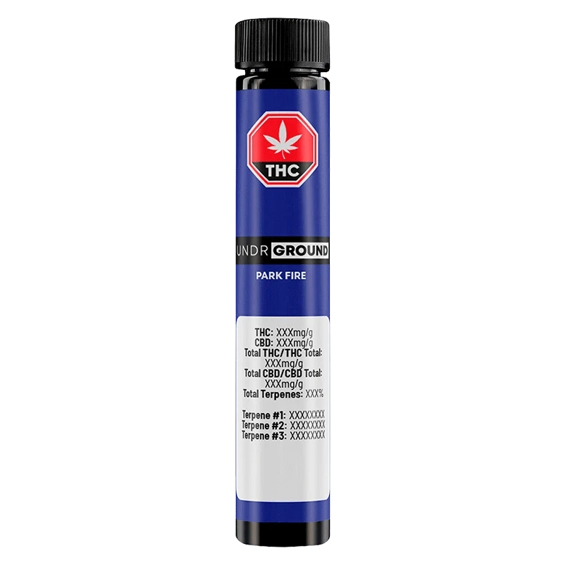 Centered front view of a tall blue tube labeled "Park Fire PR 10 x 0.5 g" with a black cap and white info panel beneath a red THC symbol