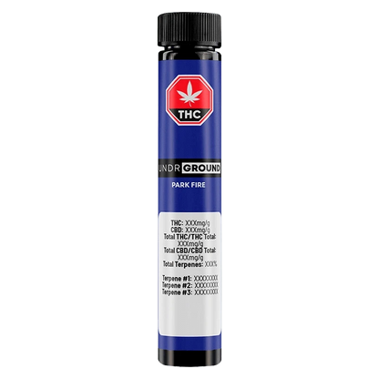Centered front view of a tall blue tube labeled "Park Fire PR 10 x 0.5 g" with a black cap and white info panel beneath a red THC symbol