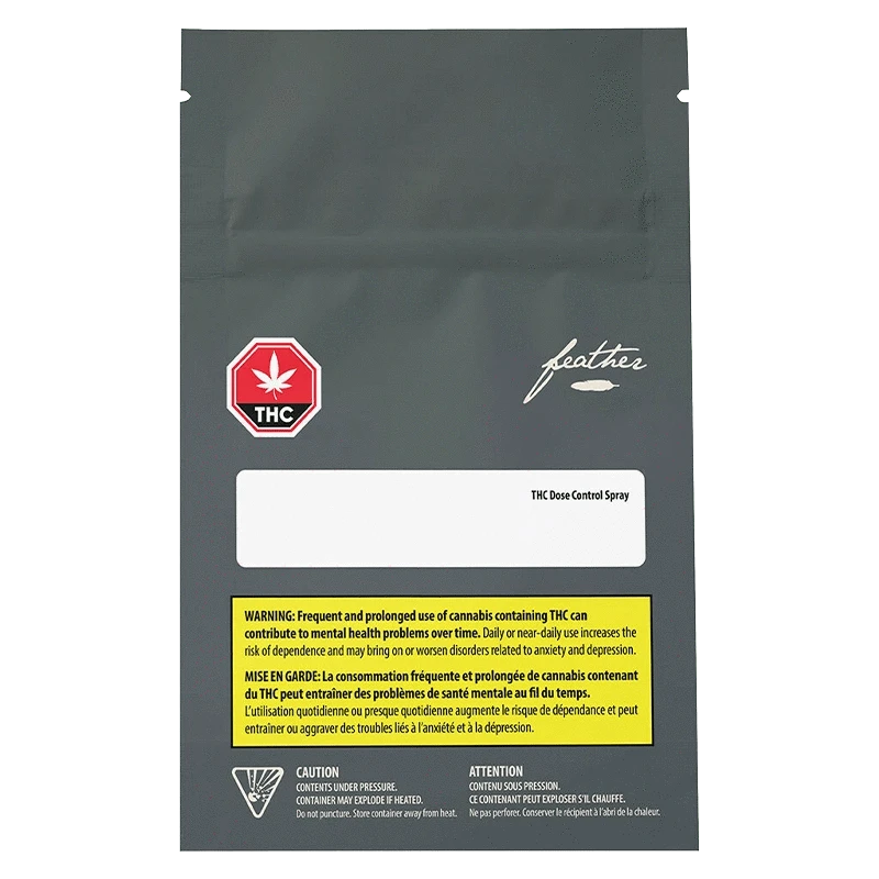 Front-facing pack image of a gray pouch labeled "THC Dose Control Spray Oil" with a red THC stop sign logo and yellow warning block.