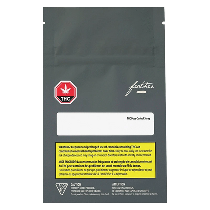 Front-facing pack image of a gray pouch labeled "THC Dose Control Spray Oil" with a red THC stop sign logo and yellow warning block.