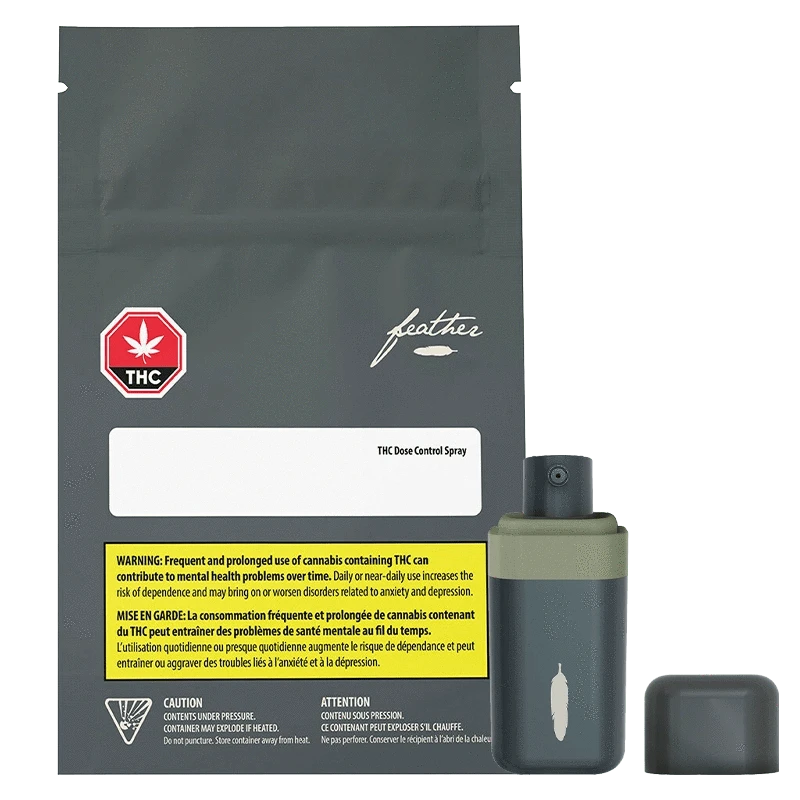 Front view of the Feather THC Dose Control Spray Oil pouch and matching olive-green spray bottle shown against a plain background.