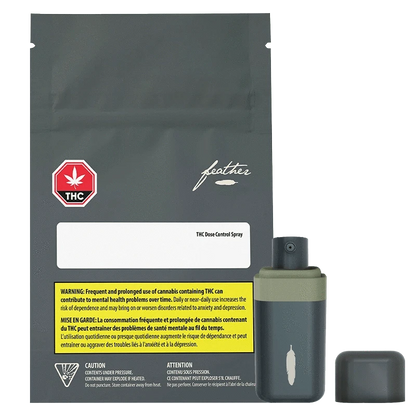 Front view of the Feather THC Dose Control Spray Oil pouch and matching olive-green spray bottle shown against a plain background.