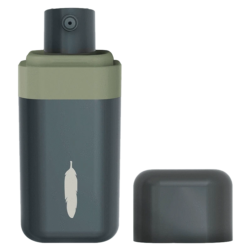 Front view of the THC Dose Control Spray Oil bottle in muted green and charcoal with its cap removed, showing a small spray nozzle and feather logo.
