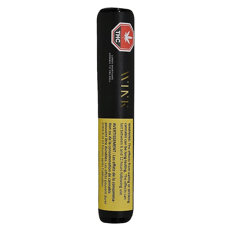 Vertical studio shot of the Lemon Shortcake Ceramic Tip PR 1 x 2 g pre-roll tube showing its black cap, gold logo and yellow warning panel.