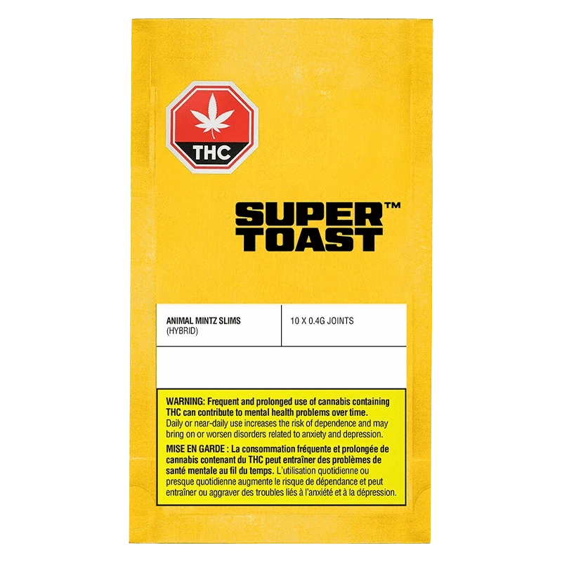 Yellow flat-lay package photographed straight-on showing bold "SUPER TOAST" branding and a label reading Animal Mintz Slims PR 10 x 0.4 g with THC stop sign at top.