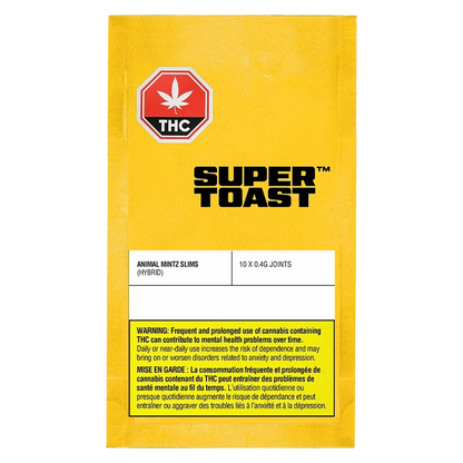 Yellow flat-lay package photographed straight-on showing bold "SUPER TOAST" branding and a label reading Animal Mintz Slims PR 10 x 0.4 g with THC stop sign at top.