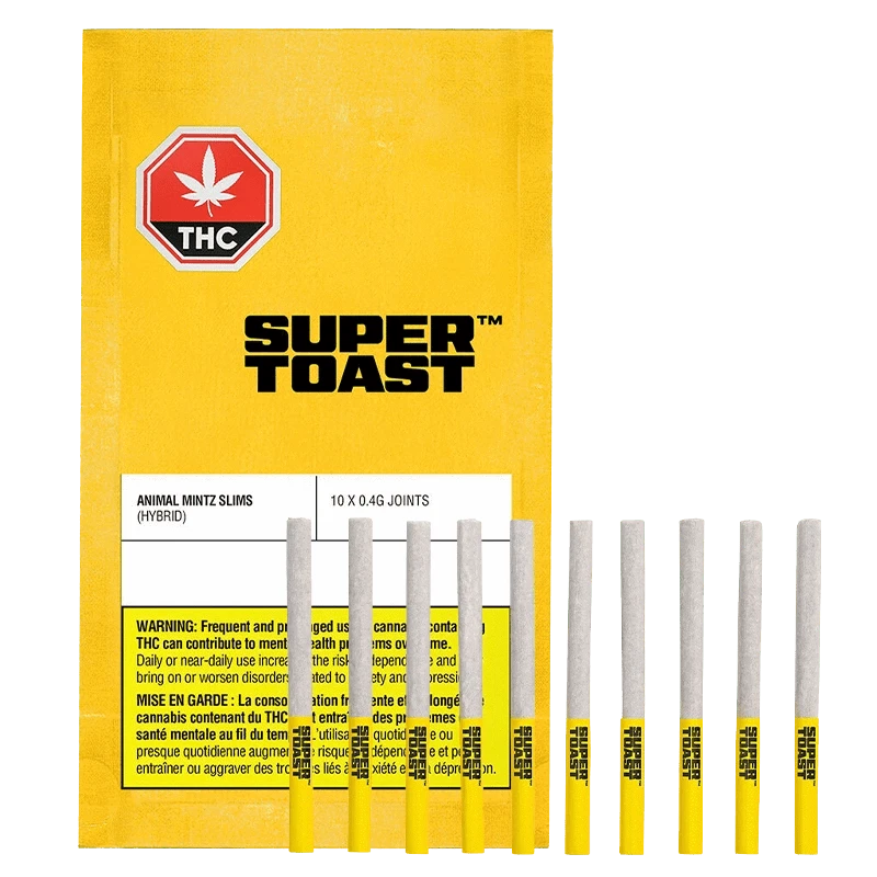Front view of a yellow Super Toast pack with ten slim Animal Mintz Slims PR 10 x 0.4 g joints lined upright in front.