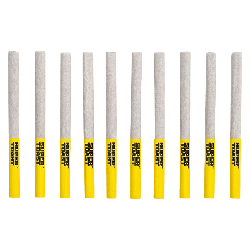 Top-down view of ten Animal Mintz Slims PR 10 x 0.4 g pre-rolls standing upright with gray paper and yellow "SUPER TOAST" tips evenly spaced on a white background