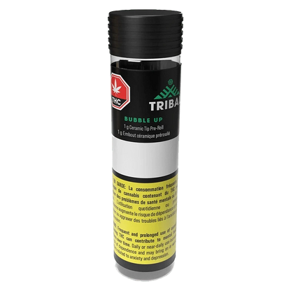 Tall front view of the Bubble Up Ceramic Tip PR 1 x 1 g tube with a black lid and labeled black, white, and yellow warning band.