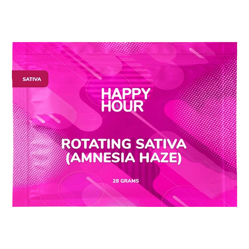 Front-facing shot of the bright pink "Happy Hour Rotating Sativa" pouch with bold white lettering and abstract circular patterns.