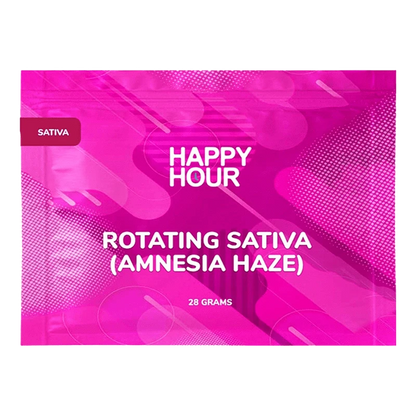 Front-facing shot of the bright pink "Happy Hour Rotating Sativa" pouch with bold white lettering and abstract circular patterns.