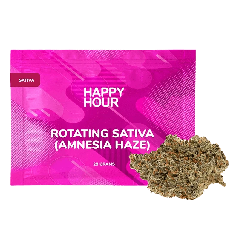 Front-facing shot of the Happy Hour Rotating Sativa packaging in bold pink with a loose bud placed at the lower right.