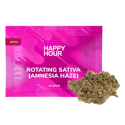 Front-facing shot of the Happy Hour Rotating Sativa packaging in bold pink with a loose bud placed at the lower right.