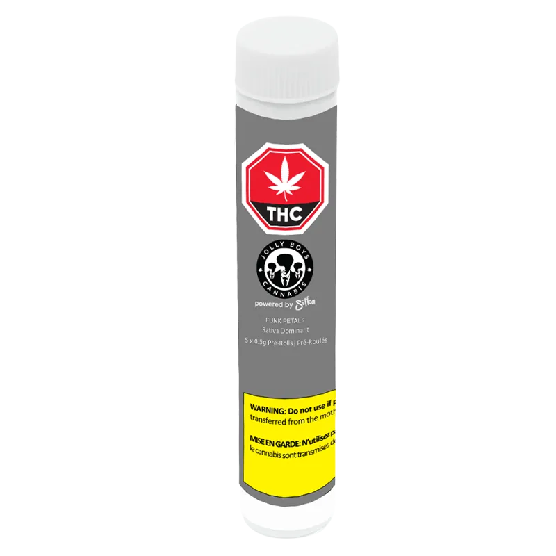 Tall front view of the Funk Petals PR 5 x 0.5 g grey tube with a white cap, THC symbol and yellow warning band.