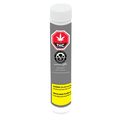 Tall front view of the Funk Petals PR 5 x 0.5 g grey tube with a white cap, THC symbol and yellow warning band.