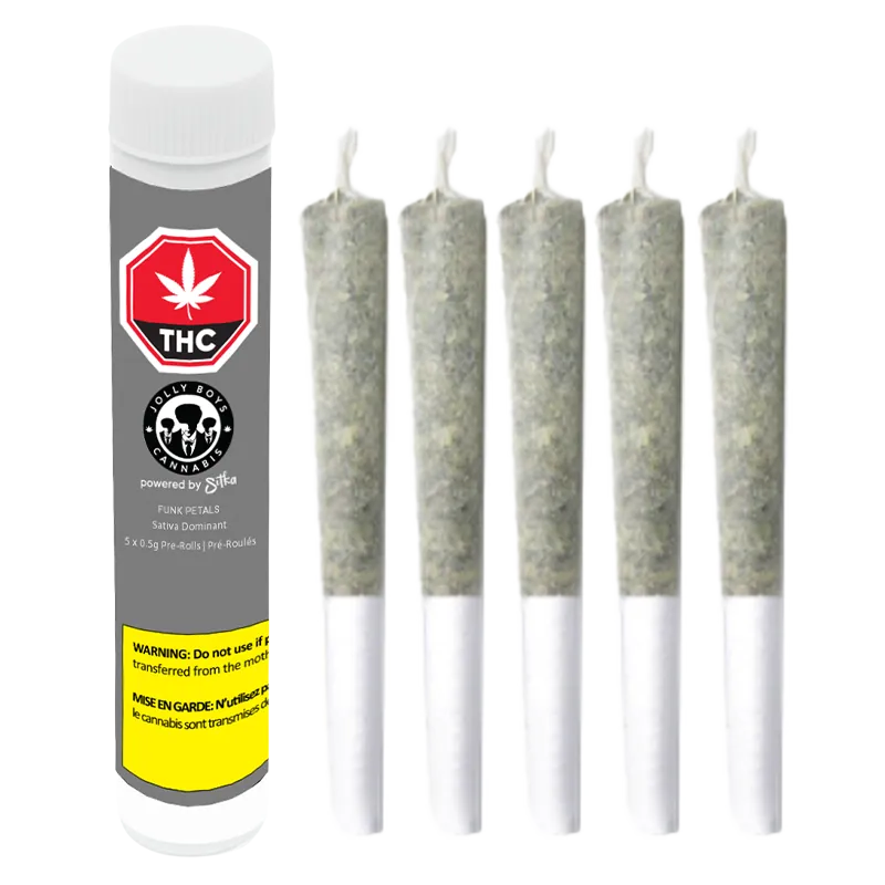 Row of five pre-rolled joints beside a grey tube labeled Funk Petals PR 5 x 0.5 g, shown front-on against a white background