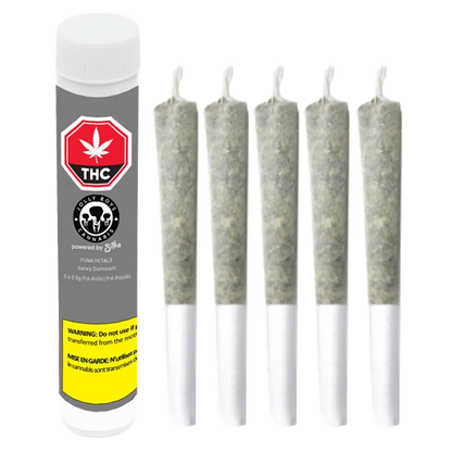 Row of five pre-rolled joints beside a grey tube labeled Funk Petals PR 5 x 0.5 g, shown front-on against a white background