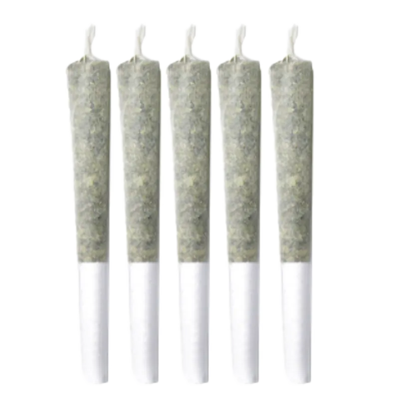 Five evenly spaced pre-rolled joints photographed front-on on a white background labeled Funk Petals PR 5 x 0.5 g.