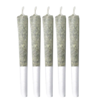 Five evenly spaced pre-rolled joints photographed front-on on a white background labeled Funk Petals PR 5 x 0.5 g.
