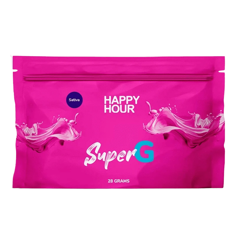 Front-facing shot of the bright pink packaging labeled Super G from Happy Hour with stylized splash graphics and "28 GRAMS" at the bottom