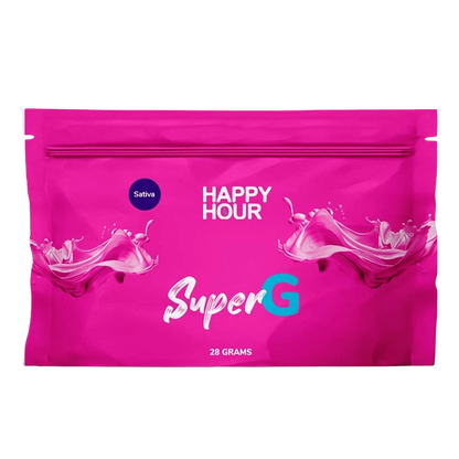 Front-facing shot of the bright pink packaging labeled Super G from Happy Hour with stylized splash graphics and "28 GRAMS" at the bottom